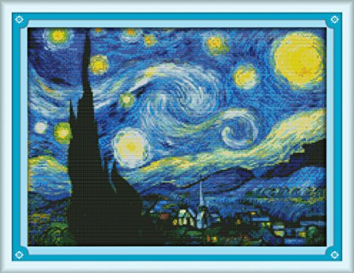 Kreuzstich Stickpackungen Vorgedruckt, OWN4B Die Sternennacht von Van Gogh Bilder 11CT 23,2x17,7 Zoll DIY Stickpackung Set von OWN4B