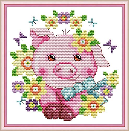 Kreuzstich Stickpackungen Vorgedruckt, OWN4B Glücklich Bauernhof - Schwein Bilder 11CT 9,1x9,4 Zoll DIY Stickpackung Set von OWN4B