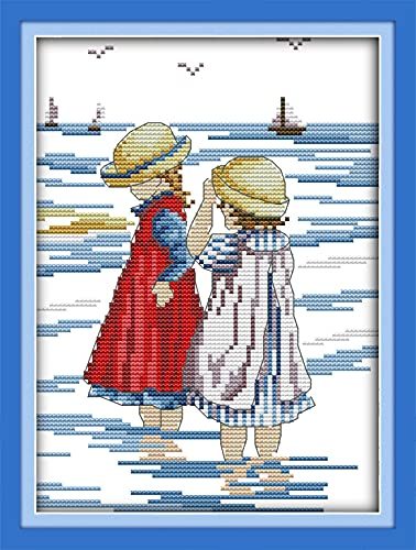 Kreuzstich Stickpackungen Vorgedruckt, OWN4B Schwestern am Strand Bilder 11CT 9,4x13,8 Zoll DIY Stickpackung Set von OWN4B