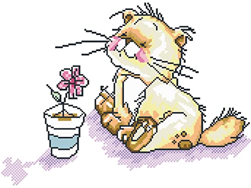 OWN4B Kreuzstich-Set, geprägt, Katze und Blume, gedrucktes Muster, 11-fädig, 38,1 x 48 cm, DIY-Stickset (Katze) von OWN4B