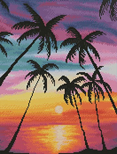 OWN4B Kreuzstich Stickpackungen Vorgedruckt, Colorful Sunset Coconut Beach Bilder 11CT 14,2x18,1 Zoll DIY Stickpackung Set von OWN4B