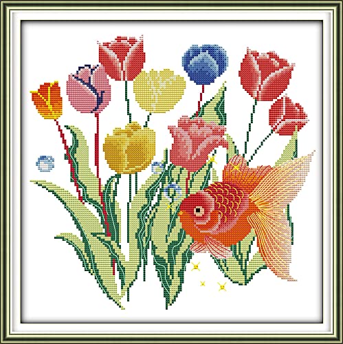 OWN4B Kreuzstich-Set, vorgedruckt, Goldfisch, geprägtes Muster, 11 CT, 43,9 x 43,9 cm, DIY-Stickset (Goldfisch) von OWN4B
