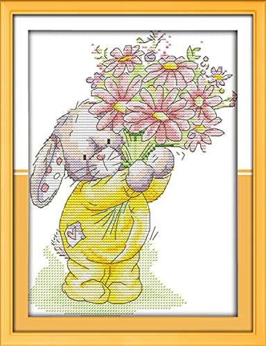 OWN4B Kreuzstich Stickpackungen Vorgedruckt, Kaninchen präsentieren einen Blumenstrauß Bilder 11CT 9,4x13,4 Zoll DIY Stickpackung Set von OWN4B