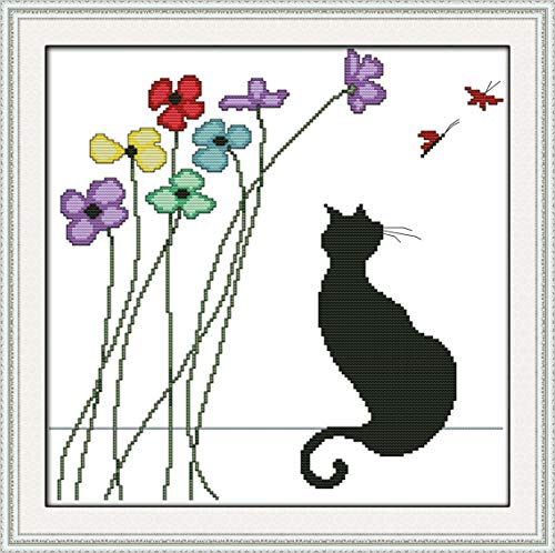 OWN4B Kreuzstich Stickpackungen Vorgedruckt, Schwarze Katze und Blumen Bilder 11CT 18,1x17,7 Zoll DIY Stickpackung Set von OWN4B
