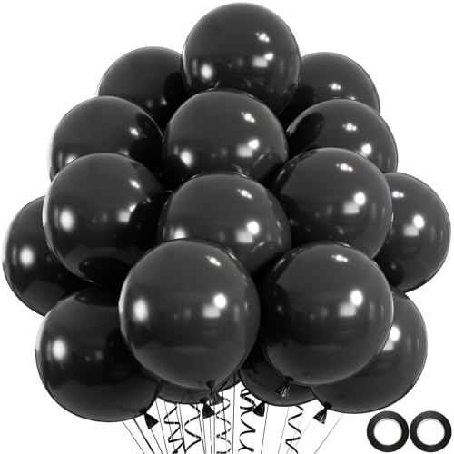 100 Stück schwarze Luftballons, Heliumqualität, 30,5 cm, schwarze Partyballons für Geburtstag, Halloween, Abschlussfeier, Party-Dekorationen (20 m Bänder) von OWPFJG