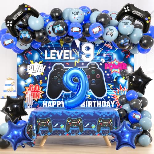 Videospiel-Party-Dekorationen zum 9. Geburtstag, für Jungen, Videospiel-Hintergrund, Luftballons, Tischdecke, Gamer und 9 Folienballons für den 9. Geburtstag, 121 Stück Videospiel-Party-Dekorationen zum 9. Geburtstag, für Jungen, Videospiel-Hintergrund, Luftballons, Tischdecke, Gamer und 9 Folienballons für den 9. Geburtstag, 121 Stück von OWPFJG
