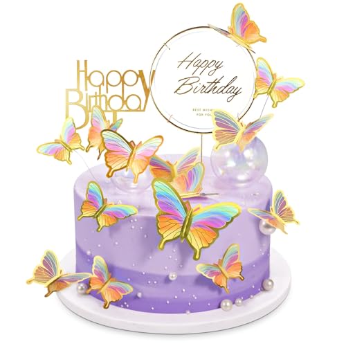 OWill 22 Stück lila und rosa Schmetterlings-Kuchendekorationen mit Happy Birthday Acryl-Kuchendekorationen für Babyparty, Hochzeit, Geburtstag, Party, Dekoration (bunt) von OWill