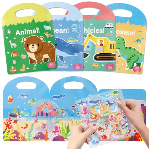 OWill 4 Pack Stickerbuch wiederverwendbar ab 2 3 4 5 6 Jahre,DIY Kinder Sticker enthält Themen wie Fahrzeug, Tiere,Dinosaurier und Ozean,Reusable Sticker Book für Kinder,Reise Spielzeug OWill 4 Pack Stickerbuch wiederverwendbar ab 2 3 4 5 6 Jahre,DIY Kinder Sticker enthält Themen wie Fahrzeug, Tiere,Dinosaurier und Ozean,Reusable Sticker Book für Kinder,Reise Spielzeug von OWill
