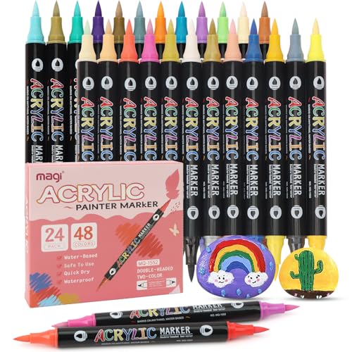 OWill 48 Farbe Acrylic Marker, 24-Teilig Doppelspitzen Acrylstifte Wasserfest für Erwachsene und Kinder, Pinselstifte für Malbücher, Holz, Leinwand, Felsmalerei von OWill