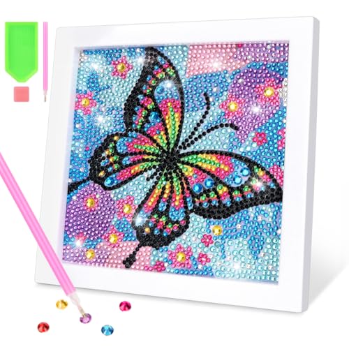 OWill Diamond painting kinder mit rahmen,Diamond painting schmetterling,DIY diamond painting mädchen kinder ab 6,Diamant malspielzeug als geschenk zum geburtstag und zu Weihnachten (15x15cm,blau) von OWill