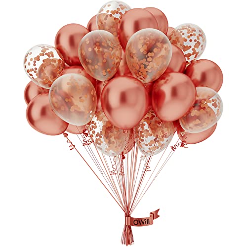OWill Luftballons Rosegold Konfetti,50 Stück 25.4cm Ballons Latex,Luftballons Geburtstag,Rosegold Metallic Luftballons für Hochzeit Mädchen Geburtstag Deko,Hochzeit Deko,Party Dekoration,Taufe Deko von OWill