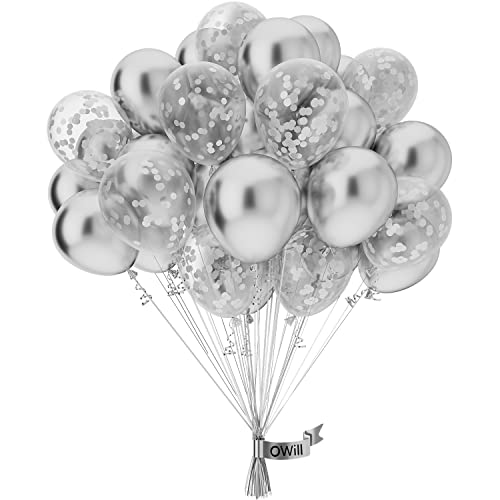 OWill Luftballons Silber Metallic,50 Stück 25.4cm Ballons Silber und Konfetti,Luftballons Geburtstag,Ballons für Girlande oder Bogen als Party Deko Geburtstags Deko Hochzeits Deko Baby Shower von OWill