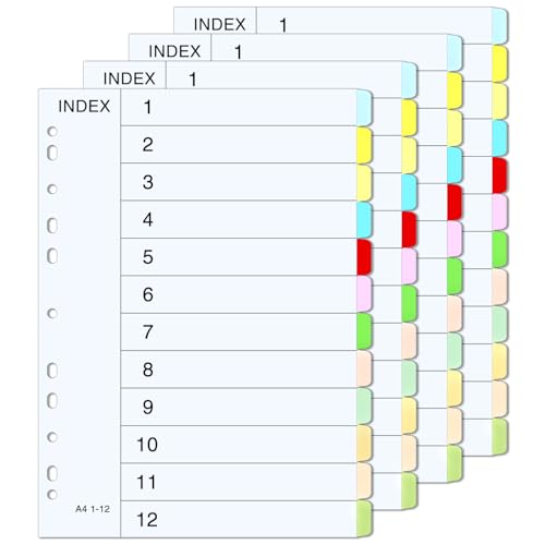 OWill Ordner Register A4 Trennblätter 12 Farben 12 Teil - 4 Stück Set Beschreibbare Trennblätter für Ordner A4 mit 11 Löchern für Büro Organisation OWill Ordner Register A4 Trennblätter 12 Farben 12 Teil - 4 Stück Set Beschreibbare Trennblätter für Ordner A4 mit 11 Löchern für Büro Organisation von OWill