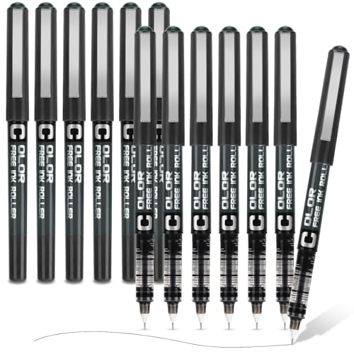 OWill Rollerball Pen Black - 12pcs Tintenroller mit Tinte, Gel Kugelschreiber, 0.5 mm Schreibspitze, schnell trocknend, ideal für Bürobedarfe, Notizbücher und Schulzwecke von OWill