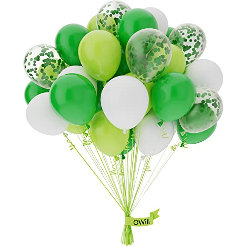 OWill Luftballons Grüne Weiße Konfetti,50 Stück 25,4 cm Ballons Latex, Luftballons Geburtstag,Dschungel Luftballons, für Hochzeit, Geburtstag Jungen, BabyParty Dekorationen von OWill