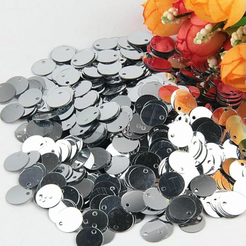 50 g große Pailletten, 10 mm, 15 mm, 20 mm, 25 mm, 30 mm, flache, runde Pailletten, Nähen, Hochzeitsbasteln, Zubehör, Silber, 20 mm, 50 g, 450 Stück von OXFYY