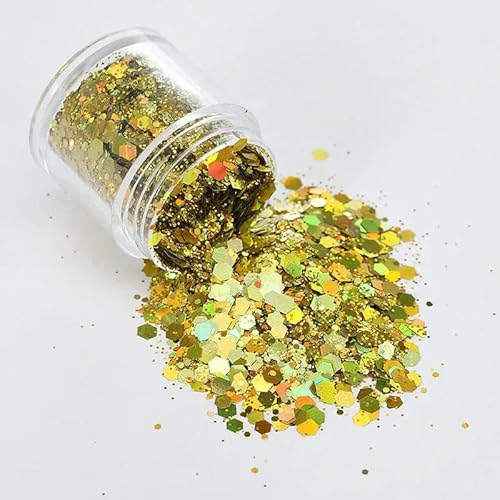 Holografisches, grobes Glitzerharz, Paillettenflocken, Basteln, grobes Harz, Becher für die Herstellung von Glitzerschmuck im Nagel- und Gesichtsbereich, gelb, 15 g Holografisches, grobes Glitzerharz, Paillettenflocken, Basteln, grobes Harz, Becher für die Herstellung von Glitzerschmuck im Nagel- und Gesichtsbereich, gelb, 15 g von OXFYY