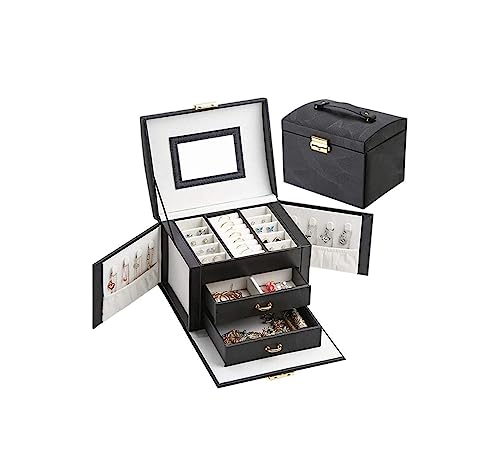 OXOAMP Schmuckkästen Tragbare Schmuckschatulle aus seidengenarbtem Leder mit 2 Schubladen, Schmuck-Organizer mit Schloss, großer Schrank, Geschenkbox, rosa Schmuck-Organizer Geschenke(Noir) von OXOAMP