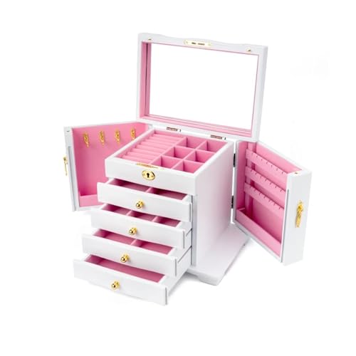 Schmuckkästen Schmuckschatulle mit 4 Schubladen, Hartholz, großer Schmuck-Organizer aus Holz mit Spiegel und Schloss, Schmuckschatulle zur Aufbewahrung als Geschenk for Frauen Geschenke(Blanc) von OXOAMP