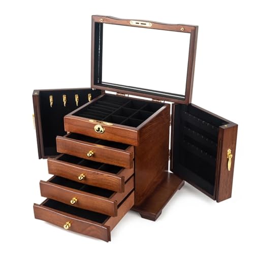 Schmuckkästen Schmuckschatulle mit 4 Schubladen, Hartholz, großer Schmuck-Organizer aus Holz mit Spiegel und Schloss, Schmuckschatulle zur Aufbewahrung als Geschenk for Frauen Geschenke(Brown) von OXOAMP