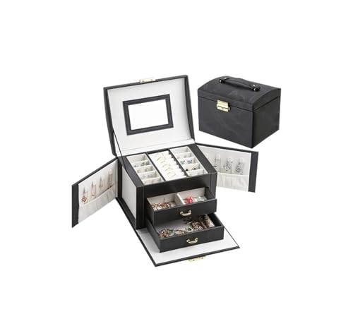 Schmuckkästen Tragbare Schmuckschatulle aus seidengenarbtem Leder mit 2 Schubladen, Schmuck-Organizer mit Schloss, großer Schrank, Geschenkbox, rosa Schmuckhalter Geschenke(Noir) von OXOAMP