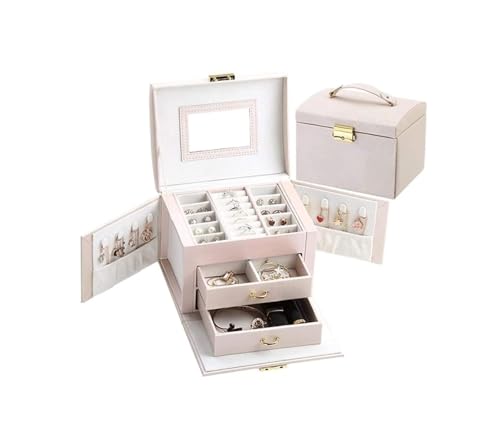 Schmuckkästen Tragbare Schmuckschatulle aus seidengenarbtem Leder mit 2 Schubladen, Schmuck-Organizer mit Schloss, großer Schrank, Geschenkbox, rosa Schmuckhalter Geschenke(Pink) von OXOAMP