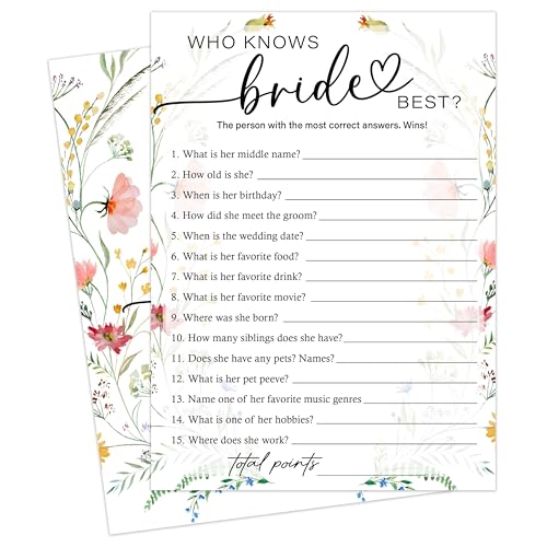 OXRUN C07 "Who Knows The Bride Best", Wildblumen-Brautparty, Spielkarten, 25 Gäste, elegante Hochzeitsaktivität für Junggesellinnenabschied, Verlobung, Partyzubehör OXRUN C07 "Who Knows The Bride Best", Wildblumen-Brautparty, Spielkarten, 25 Gäste, elegante Hochzeitsaktivität für Junggesellinnenabschied, Verlobung, Partyzubehör von OXRUN