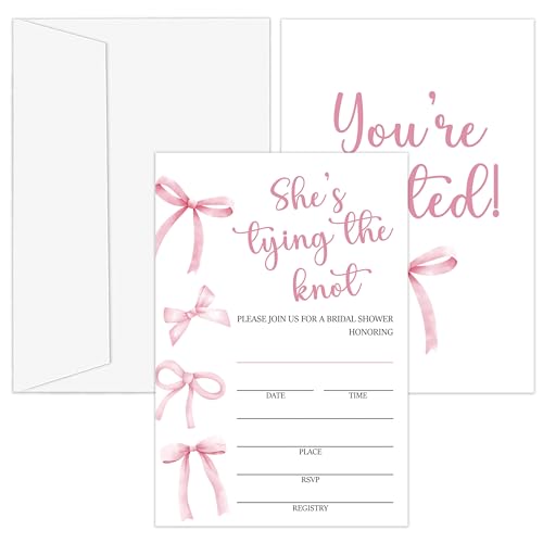 OXRUN Einladungen für Brautparty, 25 rosa Schleifen-Einladungen mit Umschlägen für Brautparty, Empfang, Verlobung, Party, elegante Bowknot Hochzeitskarten - D08 von OXRUN