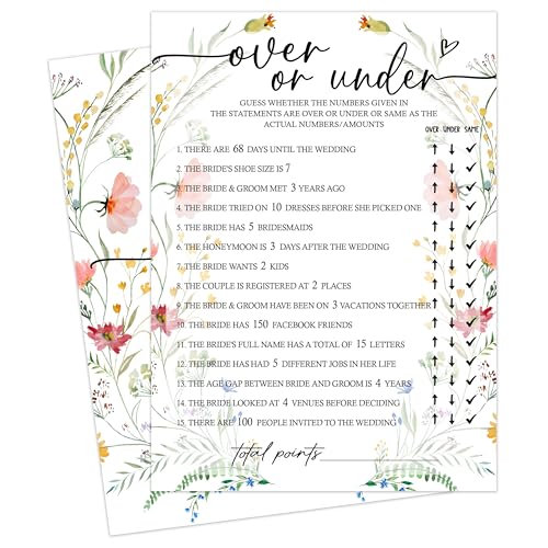 OXRUN Hochzeits-Party-Spiele, Raten Sie über oder unter, Wildblumen-Brautparty, Spielkarten, 25 Gäste, Aktivität für Junggesellinnenabschied, Verlobung, Partyzubehör, Gastgeschenke – C06 von OXRUN