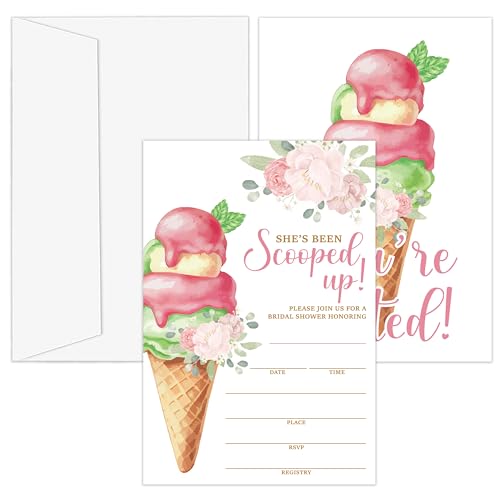 OXRUN Hochzeitseinladungen "Ice Cream", 25 Blumeneinladungen mit Umschlägen für Brautparty, Empfang, Verlobung, Party, She's Been Scooped Up Hochzeitskarten – D04 von OXRUN