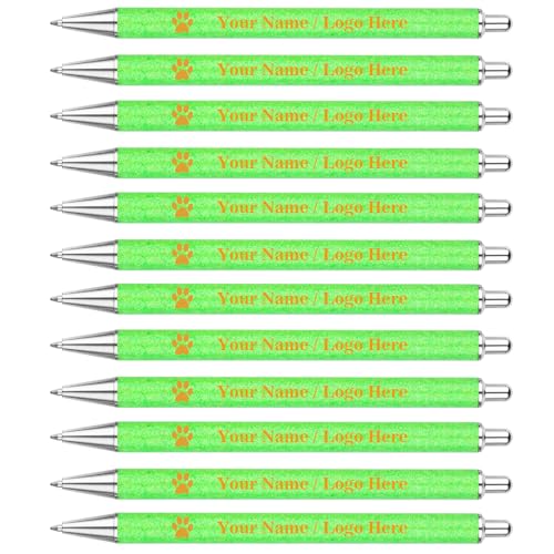 OXYEFEI Kugelschreiber Glitzer,Kugelschreiber Personalisiert 12er Schreibset, Metall Kugelschreiber Personalisiert mit Wunschtext & Logo, Schreibfarbe Schwarz,Fluoreszierendes Grün (Silber) von OXYEFEI