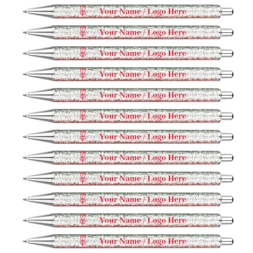 OXYEFEI Kugelschreiber Glitzer,Kugelschreiber Personalisiert 12er Schreibset, Metall Kugelschreiber Personalisiert mit Wunschtext & Logo, Schreibfarbe Schwarz,Silber (Besteck) von OXYEFEI