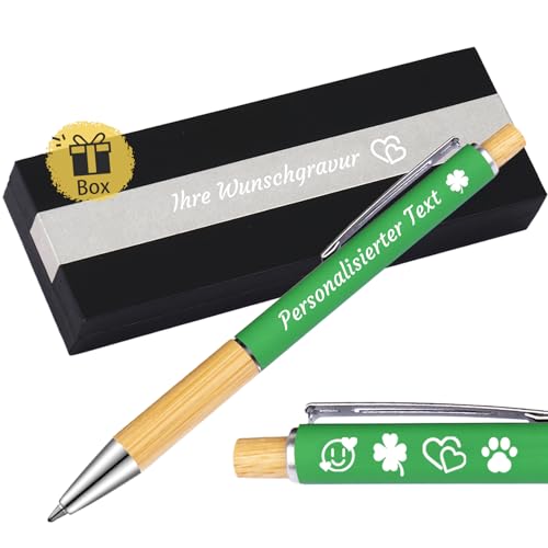 OXYEFEI Kugelschreiber mit Gravur mit Bambusgriffzone,Personalisierte Geschenke,Metall Kugelschreiber,Kugelschreiber Hochwertig Schwarz Tinte,Stift mit Gravur,Wunschgravur mit Namen und Logo(Grün) von OXYEFEI