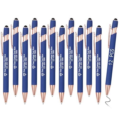OXYEFEI Rosegold Kugelschreiber mit Gravur, 1mm 12Farben Optional mit Stiftspitze Personalisierte Stifte Hochwertig Metall Touchpen mit Text Muster oder Logo für Touchscreens(12 Stück, Blau) von OXYEFEI