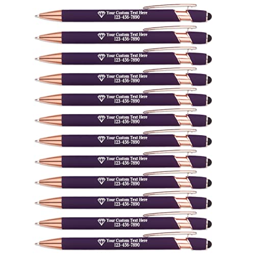 OXYEFEI Rosegold Kugelschreiber mit Gravur, 1mm 12Farben Optional mit Stiftspitze Personalisierte Stifte Hochwertig Metall Touchpen mit Text Muster oder Logo für Touchscreens(12 Stück, Dunkellila) von OXYEFEI