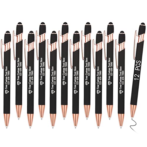 OXYEFEI Rosegold Kugelschreiber mit Gravur, 1mm 12Farben Optional mit Stiftspitze Personalisierte Stifte Hochwertig Metall Touchpen mit Text Muster oder Logo für Touchscreens(12 Stück, Schwarz) von OXYEFEI
