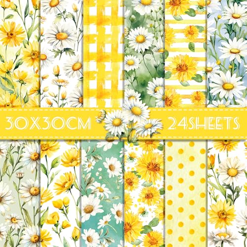 24-Blatt-Papierblock mit Sonnenblumen-Gänseblümchen, doppelseitiges Junk-Tagebuch-Papier für Kartenherstellung, Bastelarbeiten und Stanzprojekte (12 Designs, 30,5 x 30,5 cm Karton) von OXYLIPO