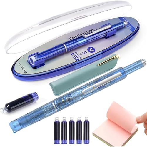 OYCXXCX Protectivemethod Füllfederhalter mit einziehbarer Spitze, 0,38 mm, blaue und schwarze Tinte, transparenter Schaft, inklusive 5 nachfüllbaren Tintenpatronen, schreibt geschmeidig (Blue,Blue) von OYCXXCX