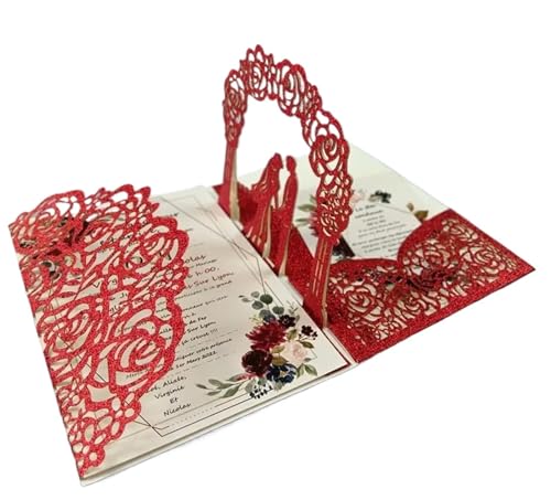 3D-Pop-Up-Karte, dreifach gefaltete Tasche, Hochzeitseinladungskarte, lasergeschnittene Einladungsgrußkarte(Red) von OZLCUA