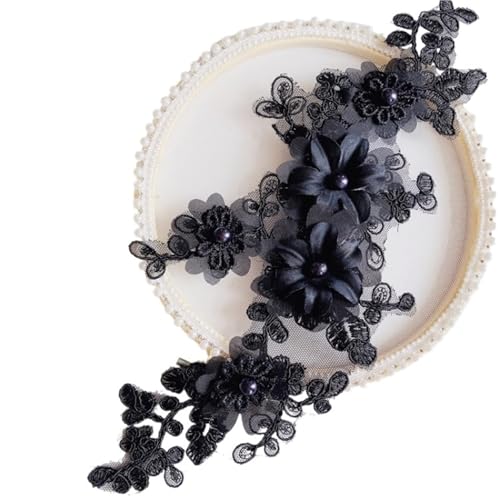 4 Stück/2 Paar mehrfarbige 3D-Applikationsblumen mit Perlen, Brautkopfbedeckung, Bekleidungszubehör, DIY gespiegelte Blumen(Black X 4Pcs) von OZLCUA