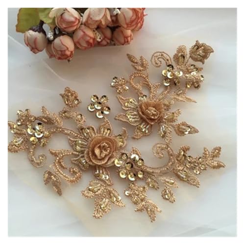DIY handgefertigte Perlen-Blumen-Patch, Applikation, Hochzeitskleid-Accessoires, Spitzen-Ausbesserungskleidung, 4 Stück, 2 Paar(Gold) von OZLCUA