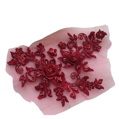 DIY handgefertigte Perlen-Blumen-Patch, Applikation, Hochzeitskleid-Accessoires, Spitzen-Ausbesserungskleidung, 4 Stück, 2 Paar(Wine red) von OZLCUA