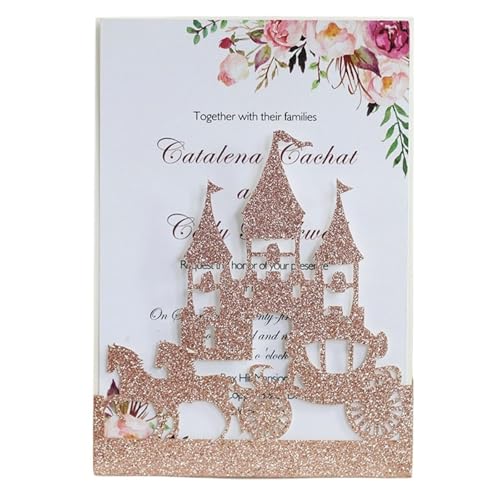 OZLCUA Hochzeitseinladungen 10 Stücke Laser Cut Kutsche Schloss Glitter Hochzeitseinladungskarte Silber Rot Luxus Hochzeitseinladungskarte Hochzeitsfeierzubehör(Rose Gold) von OZLCUA