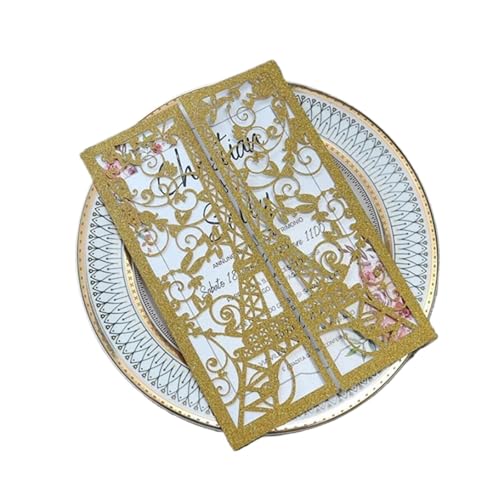 OZLCUA Lasergeschnittene Geburtstagseinladung mit Eiffelturm in Rosa for Hochzeits- und Verlobungsfeier(Gold) von OZLCUA