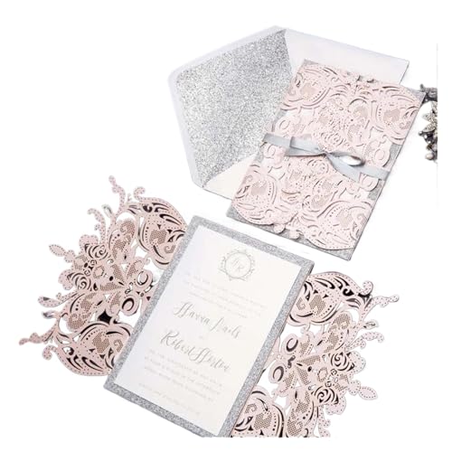 OZLCUA Rosa Hochzeitseinladung Laser Blume Gold Glitter Geburtstagseinladung(White) von OZLCUA