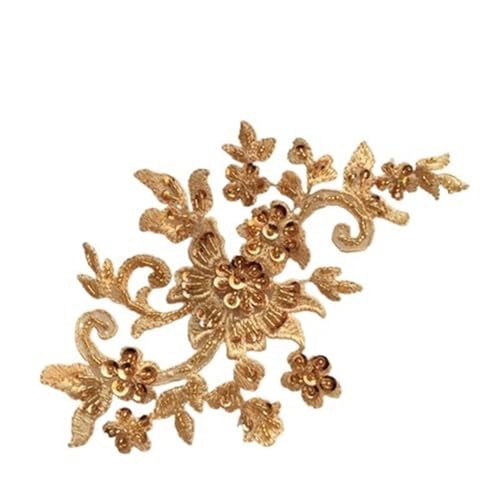 2 Paar/4 Stück DIY handgefertigte Perlenapplikationen, Blumenaufnäher, Hochzeitszubehör, Spitzenstickerei-Applikation (Color : Gold, Size : 18x11cm) von OZLSC