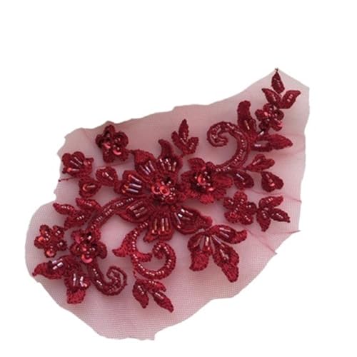 2 Paar/4 Stück DIY handgefertigte Perlenapplikationen, Blumenaufnäher, Hochzeitszubehör, Spitzenstickerei-Applikation (Color : Wine Red, Size : 18x11cm) von OZLSC