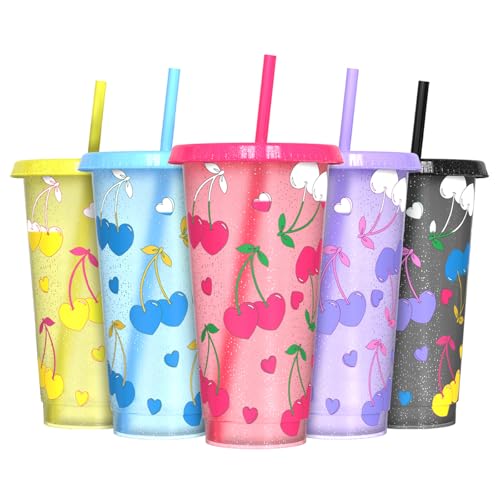 Farbwechselbecher, Trinkbecher mit Deckel und Strohhalm, Wiederverwendbare Kunststoffbecher - BPA-frei, lebensmittelecht, ideal für Eiskaffee, Milchshakes & Smoothies, 5er Set - Kirschherz Farbwechselbecher, Trinkbecher mit Deckel und Strohhalm, Wiederverwendbare Kunststoffbecher - BPA-frei, lebensmittelecht, ideal für Eiskaffee, Milchshakes & Smoothies, 5er Set - Kirschherz von OZMOJOO