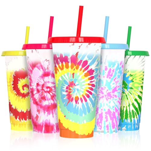 Farbwechselbecher, Trinkbecher mit Deckel und Strohhalm, Wiederverwendbare Kunststoffbecher - BPA-frei, lebensmittelecht, ideal für Eiskaffee, Milchshakes & Smoothies, 5er Set - Tie-Dye-Design Farbwechselbecher, Trinkbecher mit Deckel und Strohhalm, Wiederverwendbare Kunststoffbecher - BPA-frei, lebensmittelecht, ideal für Eiskaffee, Milchshakes & Smoothies, 5er Set - Tie-Dye-Design von OZMOJOO