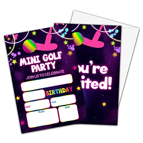OZTEMETY Golf-Geburtstagseinladungen, Neonleuchtende Geburtstagsparty-Einladungen für Jungen und Mädchen, Mini-Golf-Geburtstagsparty-Einladungskarten, Partyzubehör und Dekoration, 20 Karten & 20 von OZTEMETY